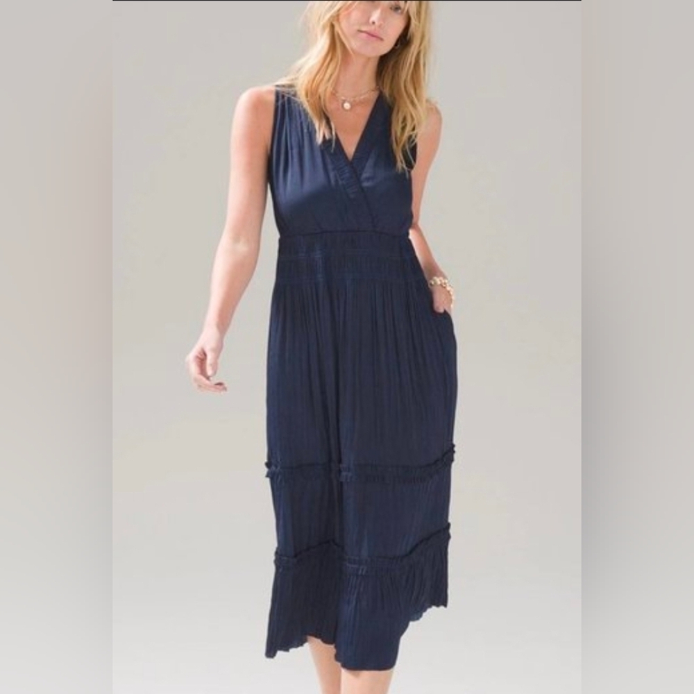 WHITE HOUSE BLACK MARKET | Ink Blue Sleeveless Satin Ruffle Midi Dress | XL